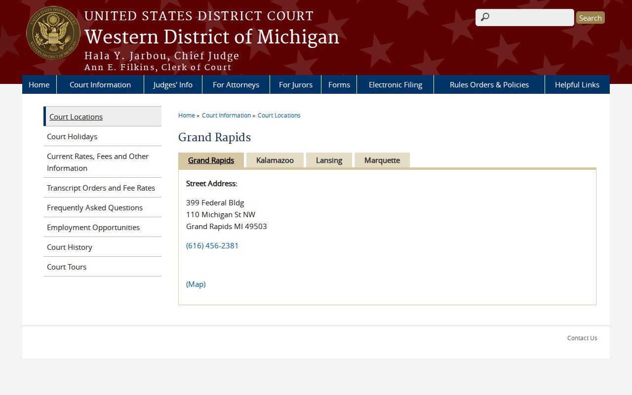 Ionia County court calendar Western District federal court location information