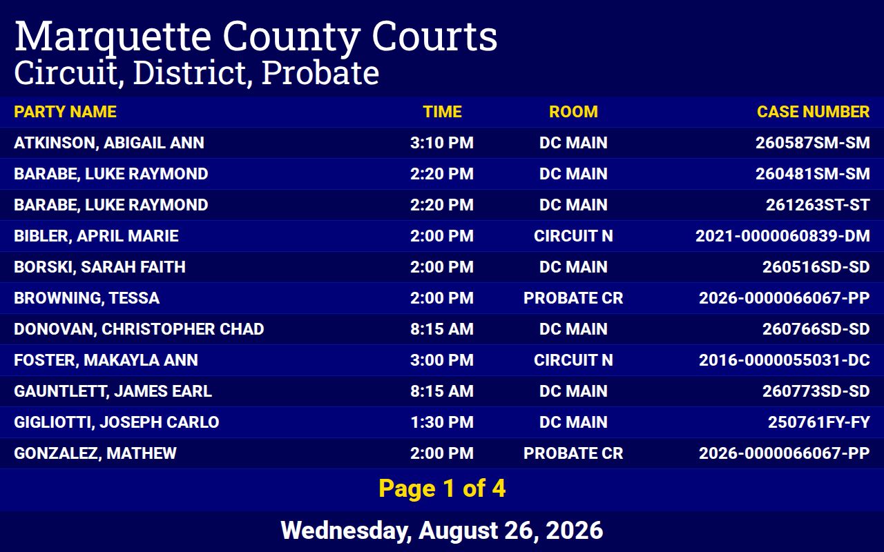 Ionia County court calendar MiCOURT hearing result structure