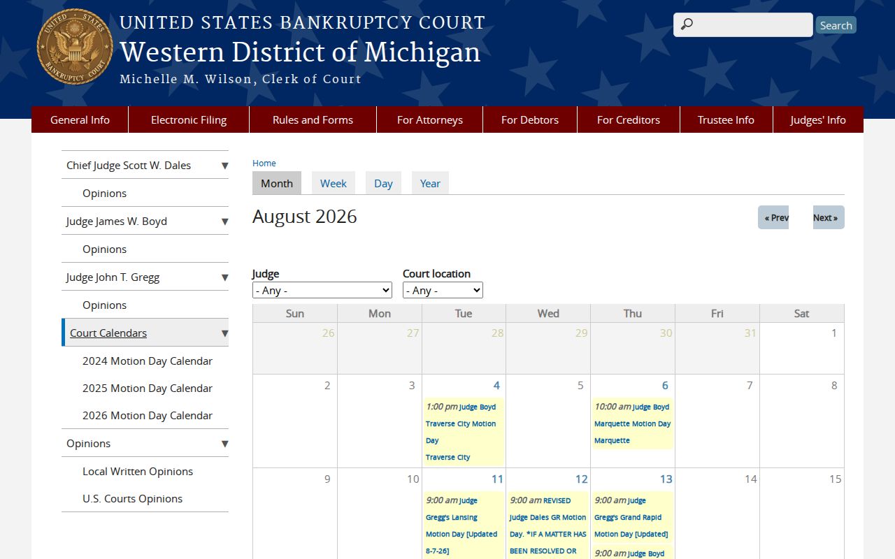 Ionia County court calendar Western District Bankruptcy Court calendar route