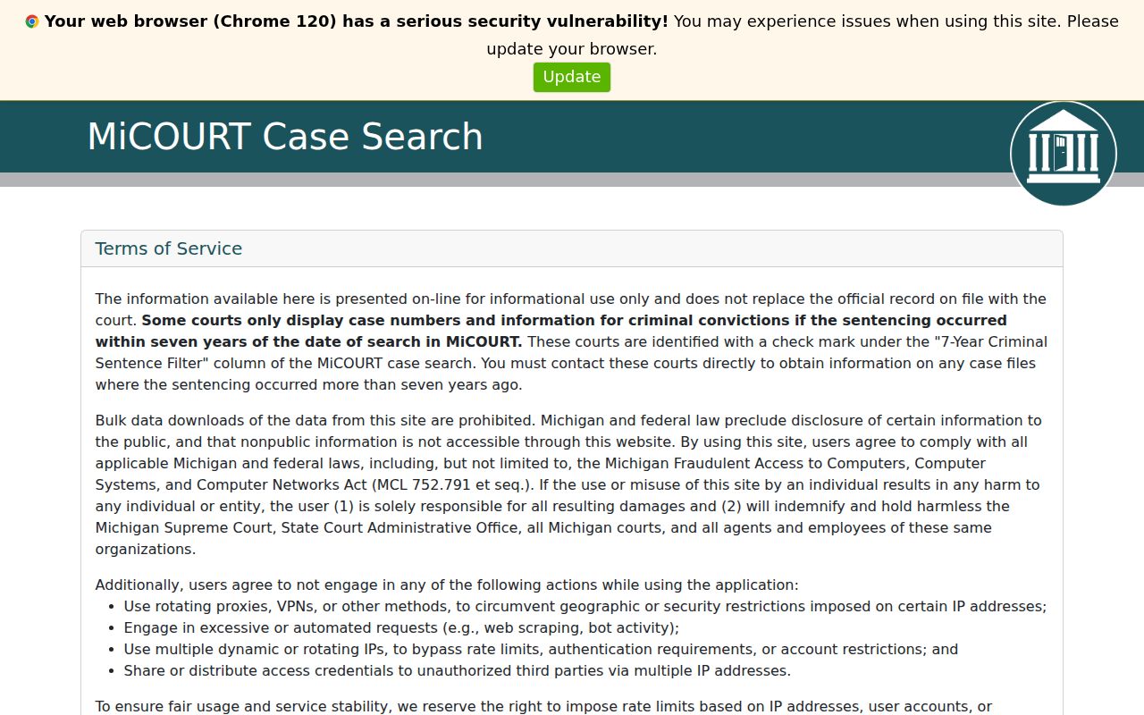 Ionia County criminal court docket MiCOURT public case search screen