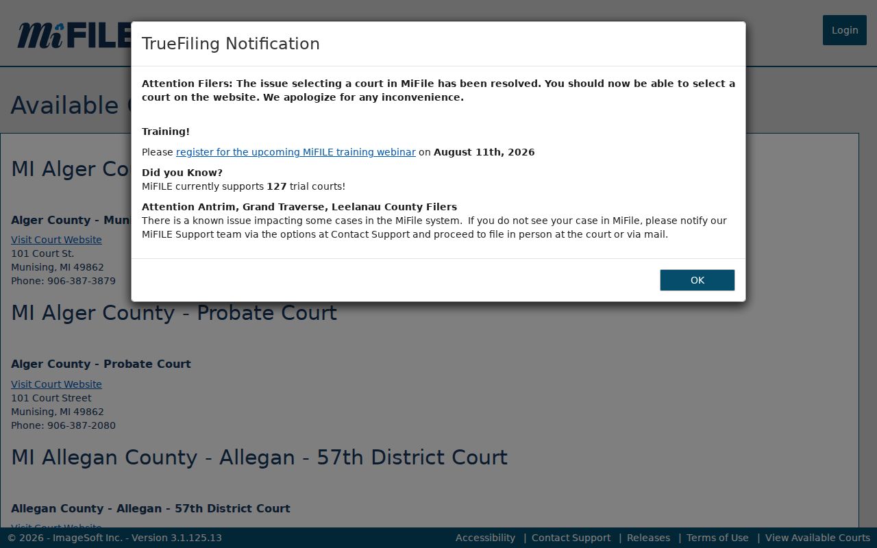 Ionia County court docket MiFILE court availability information